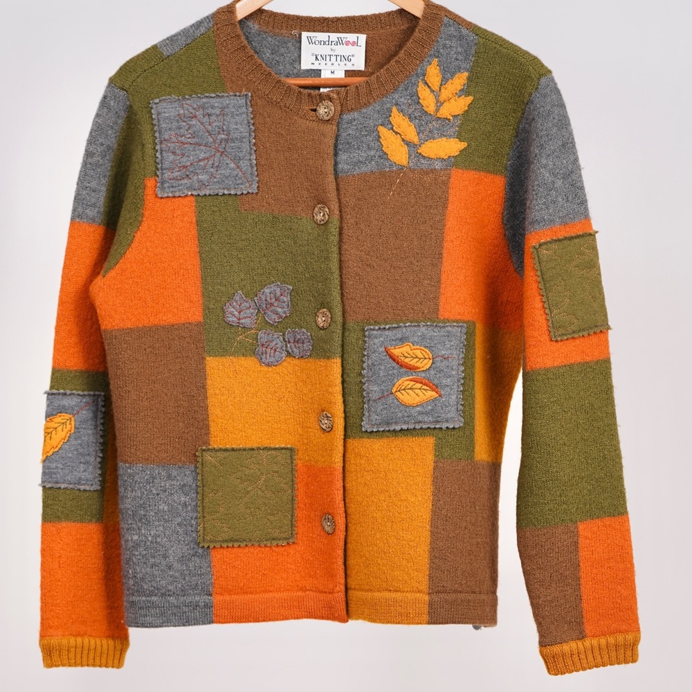 Vtg Patchwork wool colorful cardigan sweater sizes S, fall cardigan for woman